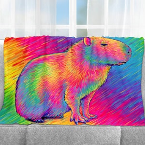 Psychedelic Rainbow Cute Capybara Trippy Art Plush Fleece Velveteen Microfiber Throw Blanket Single and Double Sided