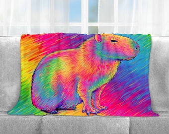 Psychedelic Rainbow Cute Capybara Trippy Art Plush Fleece Velveteen Microfiber Throw Blanket Single and Double Sided