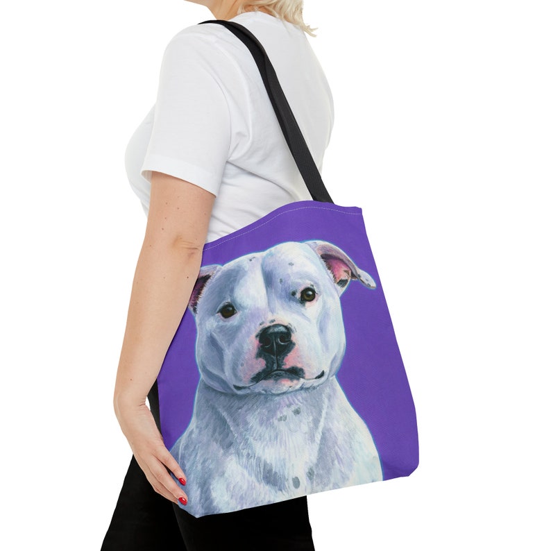 White Staffordshire Bull Terrier Cute Purple Staffie Dog Staffy Pet Art Tote Bag Black