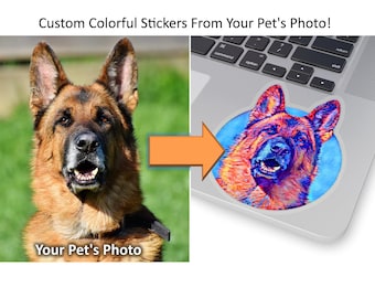 Custom Colorful Pop Art Rainbow Vinyl Stickers from Your Pet's Photo (White Clear Holographic) Circle Cut Out with Ears