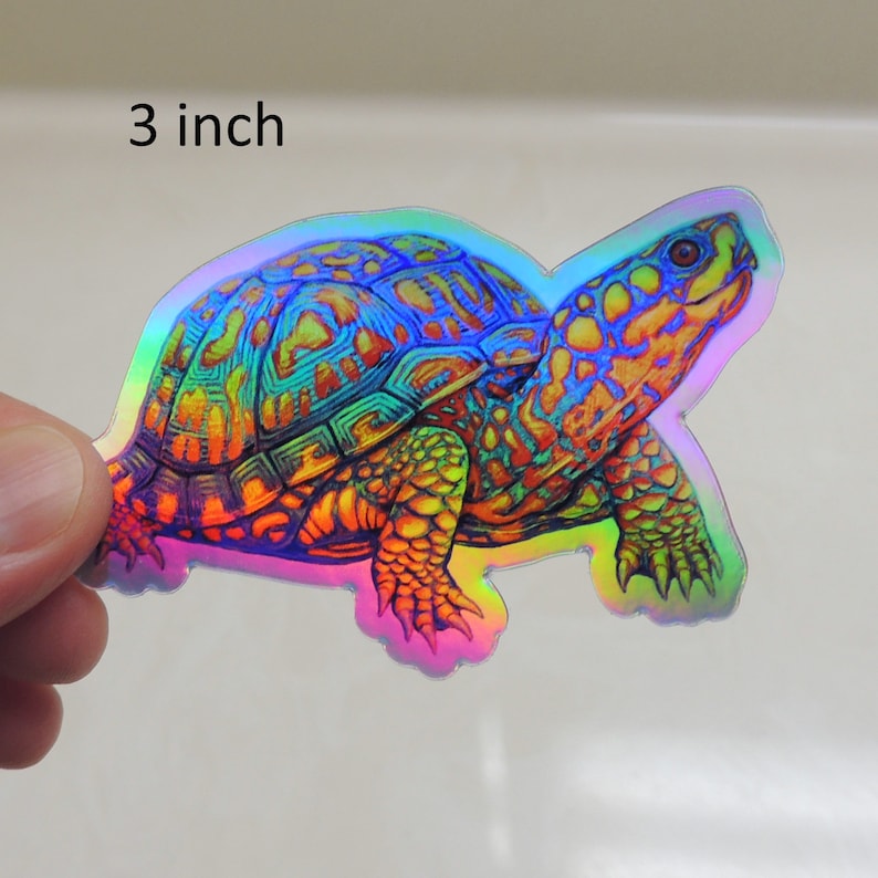 Psychedelic Rainbow Cute Eastern Box Turtle Tortoise Holographic Vinyl Sticker Trippy Groovy Animal Decals 3 inch
