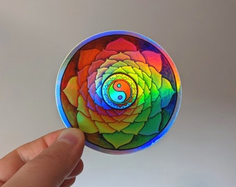 Healing Lotus Rainbow Yin Yang Psychedelic Mandala Trippy Groovy Hippie Holographic Stickers