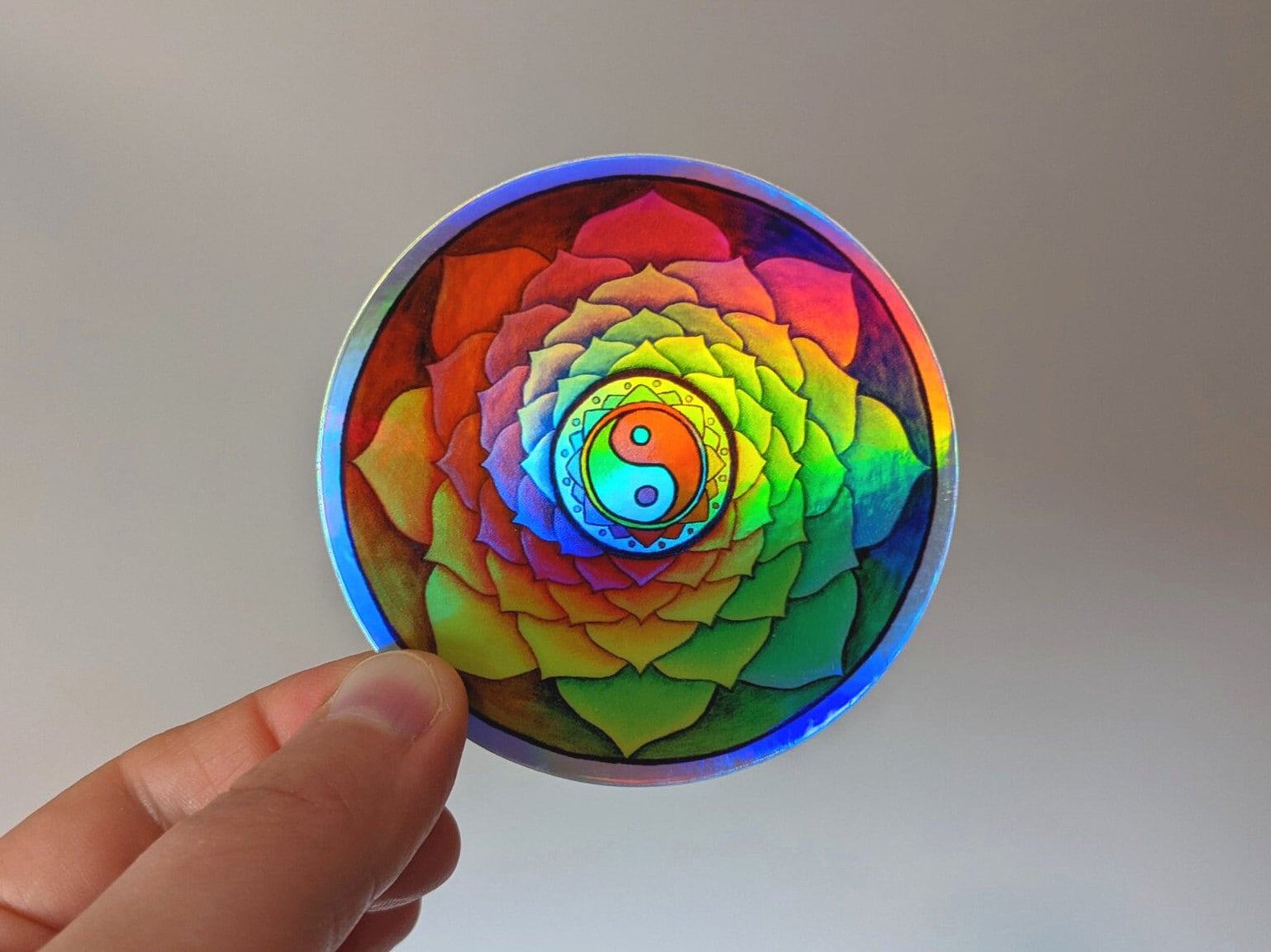 Healing Lotus Rainbow Yin Yang Psychedelic Mandala Trippy Groovy Hippie Holographic Stickers