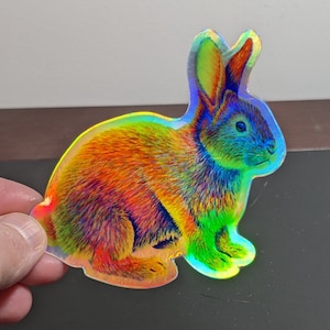 Psychedelic Rainbow Trippy Bunny Rabbit Hippie Groovy Cute Animals Holographic Vinyl Sticker