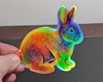 Psychedelic Rainbow Trippy Bunny Rabbit Hippie Groovy Cute Animals Holographic Vinyl Sticker