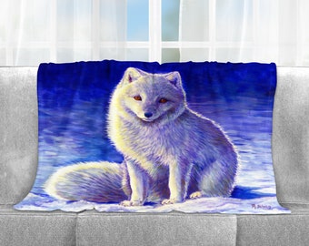 Peaceful Winter Cute White Arctic Snow Fox Art Plush Fleece Velveteen Microfiber Throw Blanket Single and Double Sided