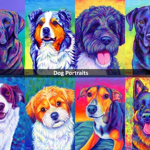 May include: A collage of eight colorful dog portraits. Each portrait features a different breed of dog with vibrant colors and a unique style. The dogs are all looking at the camera with a variety of expressions. The title "Dog Portraits" is displayed at the bottom of the collage.