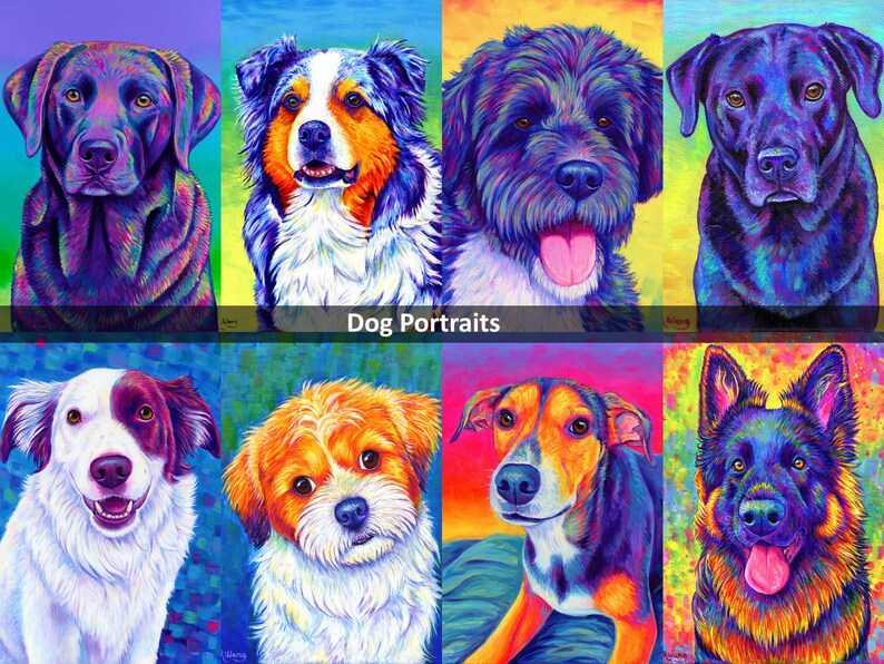May include: A collage of eight colorful dog portraits. Each portrait features a different breed of dog with vibrant colors and a unique style. The dogs are all looking at the camera with a variety of expressions. The title "Dog Portraits" is displayed at the bottom of the collage.