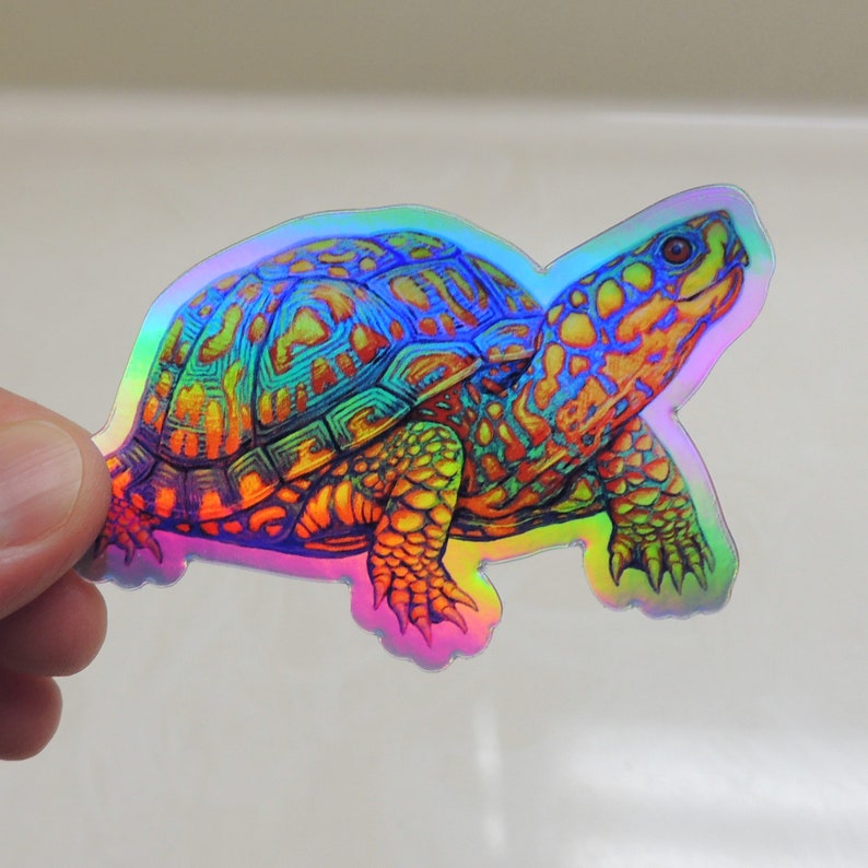 Psychedelic Rainbow Cute Eastern Box Turtle Tortoise Holographic Vinyl Sticker Trippy Groovy Animal Decals
