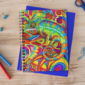 Psychedelic Rainbow Chameleon Trippy Lizard Groovy Reptile Hippie Art Spiral Notebook Journal Bild 1