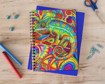 Psychedelic Rainbow Chameleon Trippy Lizard Groovy Reptile Hippie Art Spiral Notebook Journal