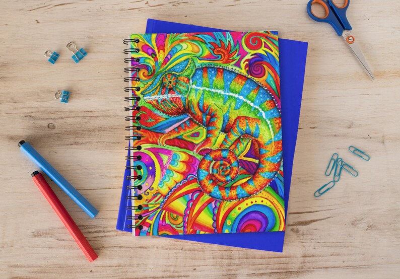 Psychedelic Rainbow Chameleon Trippy Lizard Groovy Reptile Hippie Art Spiral Notebook Journal Bild 1