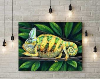 Veiled Chameleon Colorful Lizard Reptile Art Canvas Wall Art Print