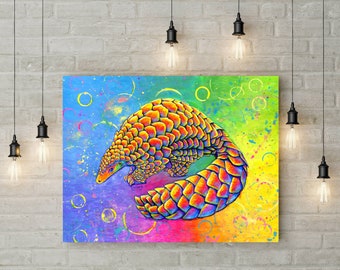 Psychedelic Rainbow Pangolin Trippy Anteater Pop Art Canvas Wall Art Print