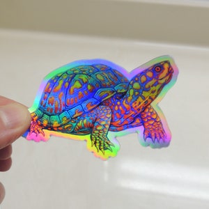 Psychedelic Rainbow Cute Eastern Box Turtle Tortoise Holographic Vinyl Sticker Trippy Groovy Animal Decals