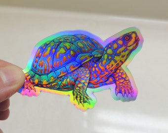 Psychedelic Rainbow Cute Eastern Box Turtle Tortoise Holographic Vinyl Sticker Trippy Groovy Animal Decals