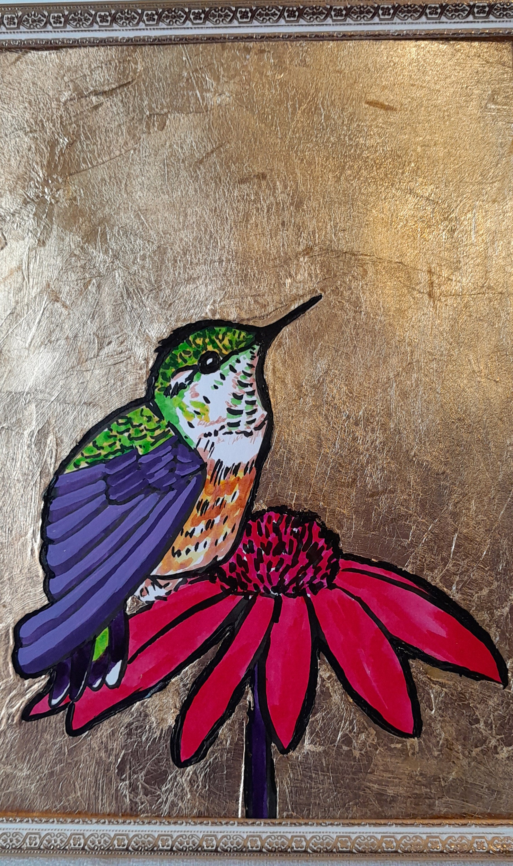 Hummingbird and Flower Original Art. Gold Leaf Framed Art Work Etsy