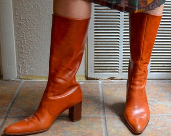 tan calf length heeled boots