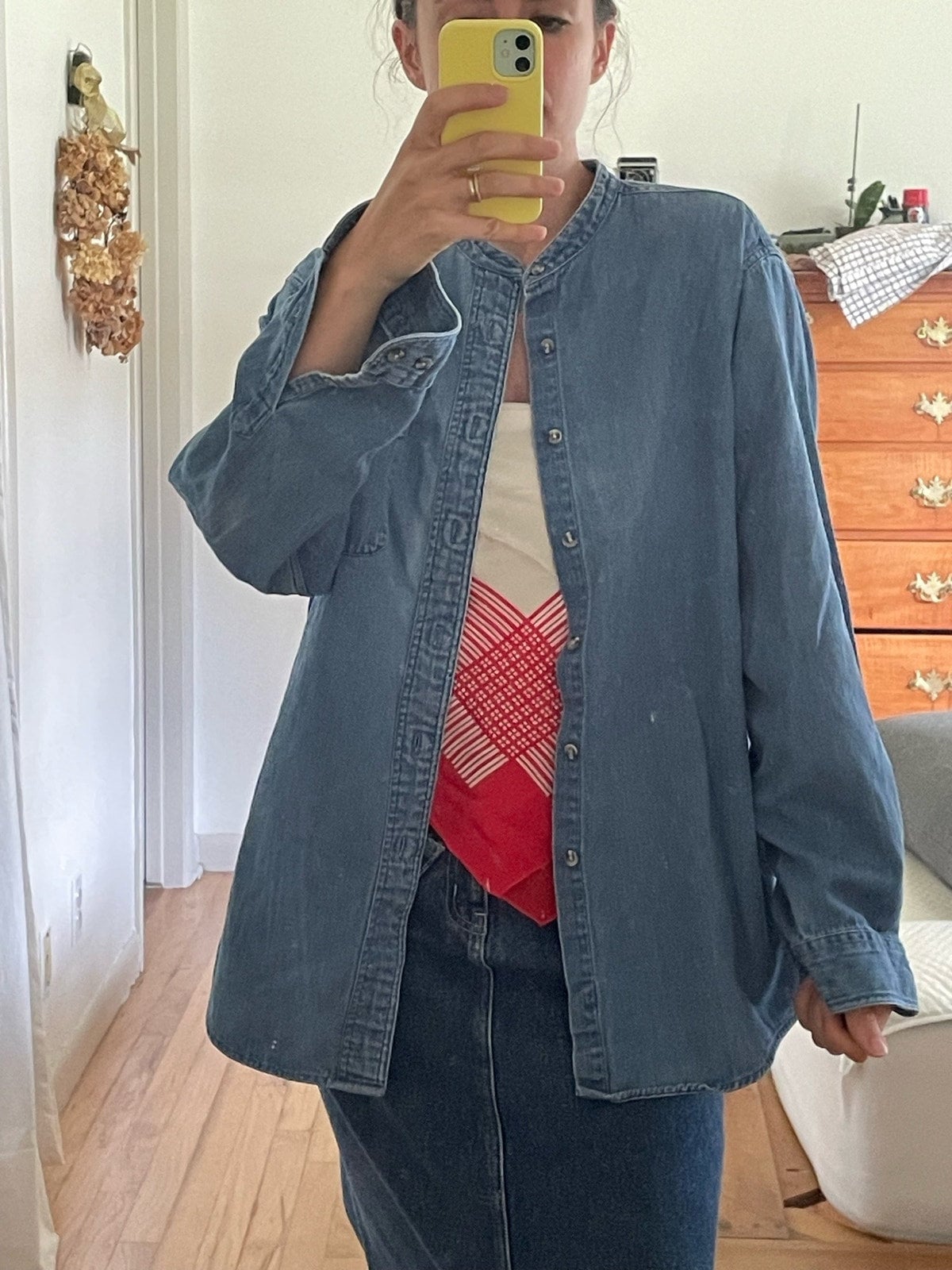 Collarless denim shirt womens hotsell