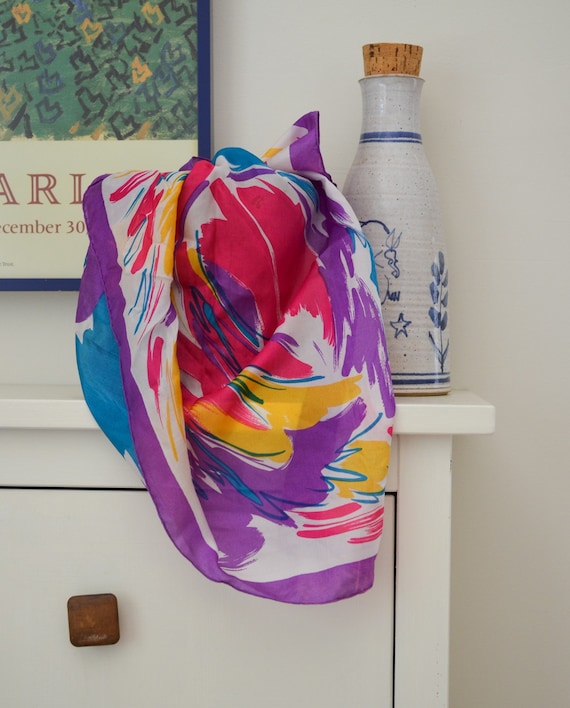 80s Abstract Colorful Silk Scarf 33"