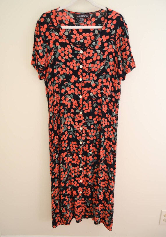 90s Rayon Cherry Print Midi Dress Size Large - image 1