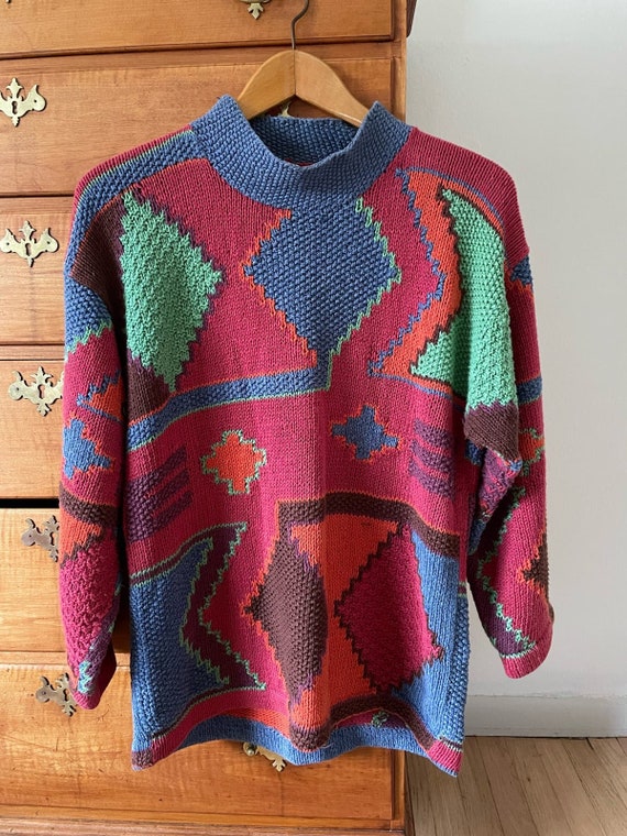 Southwestern Hand Knit Mock Neck Sweater Size Larg