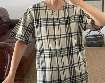 Vintage Cotton Plaid Short Sleeve Button Down Top Size Medium