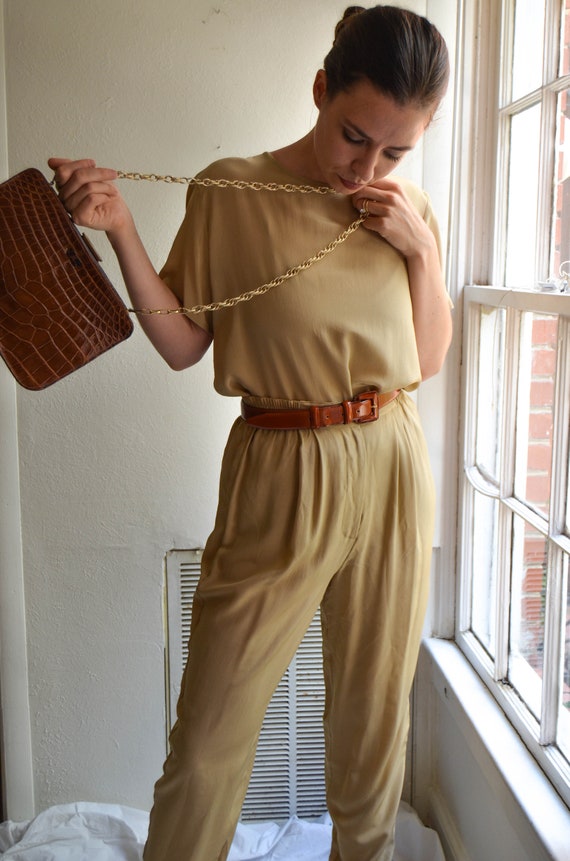90s Camel Silk Pants Suit Set | Beige Silk Pants a