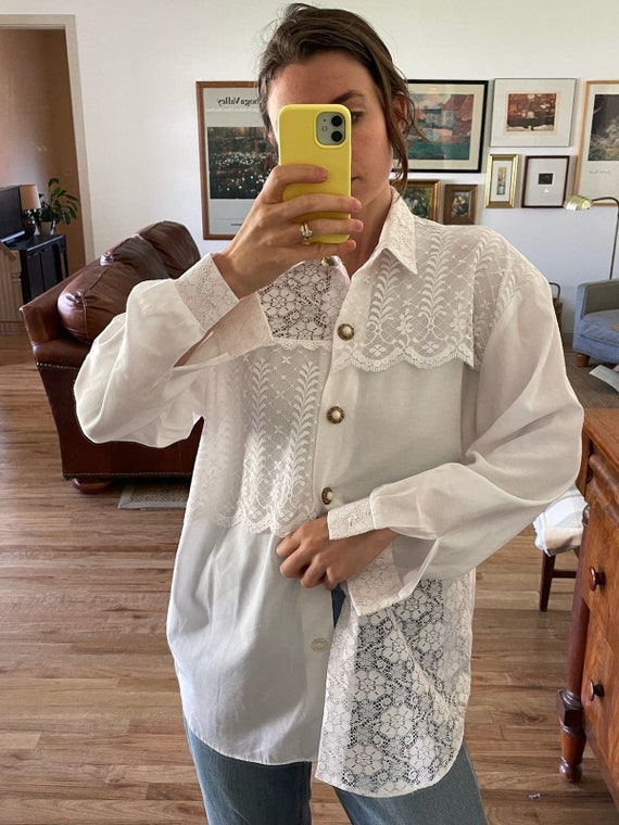 White Lace Patchwork Pearl Button Button Down Size