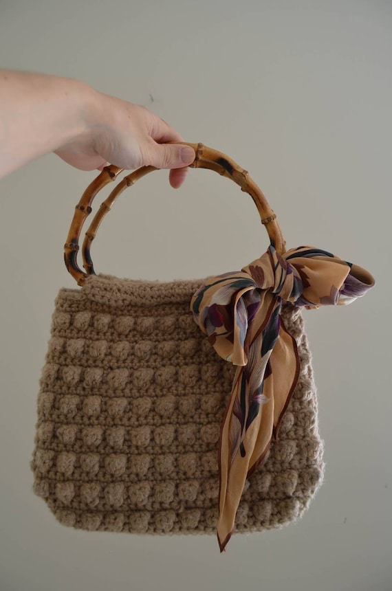 Crochet Popcorn Knit Satchel Purse With Bamboo Han