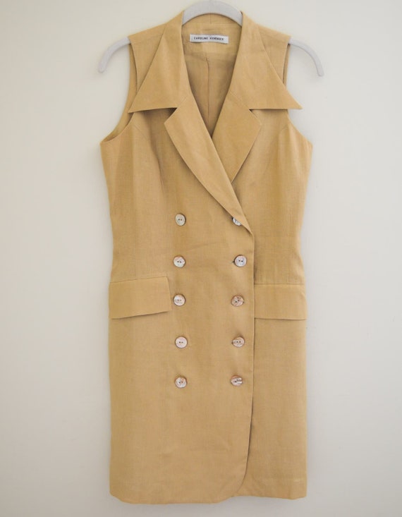 Vintage Double Breasted Linen Shift Dress Size Sm… - image 3