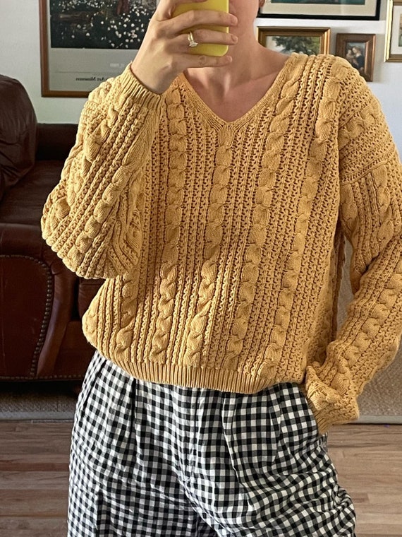 Vintage Custard Yellow Cable Knit Cotton Sweater
