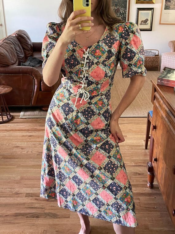 Vintage Patchwork Cotton Puff Sleeve Corset Midi Dress