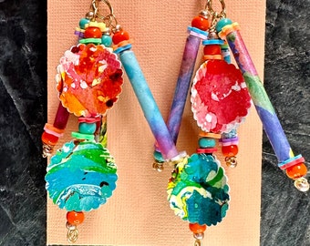 Aretes Bead Tassel, papel marmolado hecho a mano, cuentas de vidrio y arcilla, 4.25''