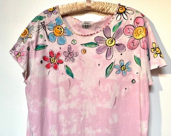 Hand Painted Flowery T-shirt, light pink, bleached, stitched, L