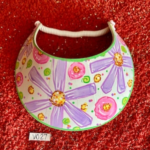 Flower Visor, Hand Painted, Ooak, Lavender and Pink on White.