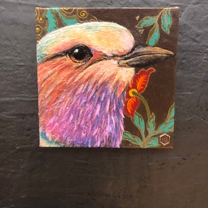 5&quot;x5&quot;x1/2&quot; Daily Painting Lavender/Pink breast Bird on handmade Brown paper.