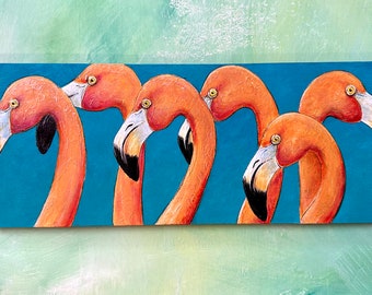 15.25''x7''x1/4'' 6 Flamencos, acrílico sobre masonite.