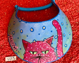 Cat Visor, Hand Painted, Ooak, Red cat with pink dots on a pearly blue base trimmed with golden dots.