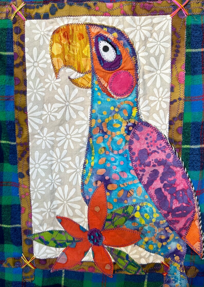 Patchwork Parrot Parrot Art Flannel Shirt, Blue and Green Plaid, Parrot and Flower ...