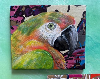 6"x5"x1/2" Parrot painting in acrylic on handmade paper, green and orange.