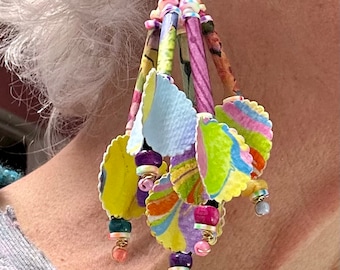 Hand Made paper Earrings, hand marbled and hand rolled, glass beads. 4.5''