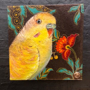 5&quot;x5&quot;x1/2&quot; Daily Painting Yellow Orange Parakeet with a green tummy painted on brown handmade floral paper.