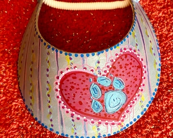 Paw Print on my Heart Visor, Hand Painted, Ooak, Blue paw, Red heart Gray Visor.