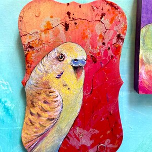7.5&quot;x5&quot;x1/4&quot; Yellow Parakeet painted on a shaped, marbled wood plaque.