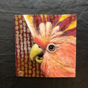 Cacatua rosa 5"x5"x1/2" dipinto su carta bordeaux fatta a mano con punti dorati.