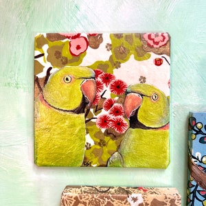 6&#39;&#39;x6&#39;&#39;x1/4&#39;&#39; Pair of Parrots, metallic Green on handmade blossom  paper
