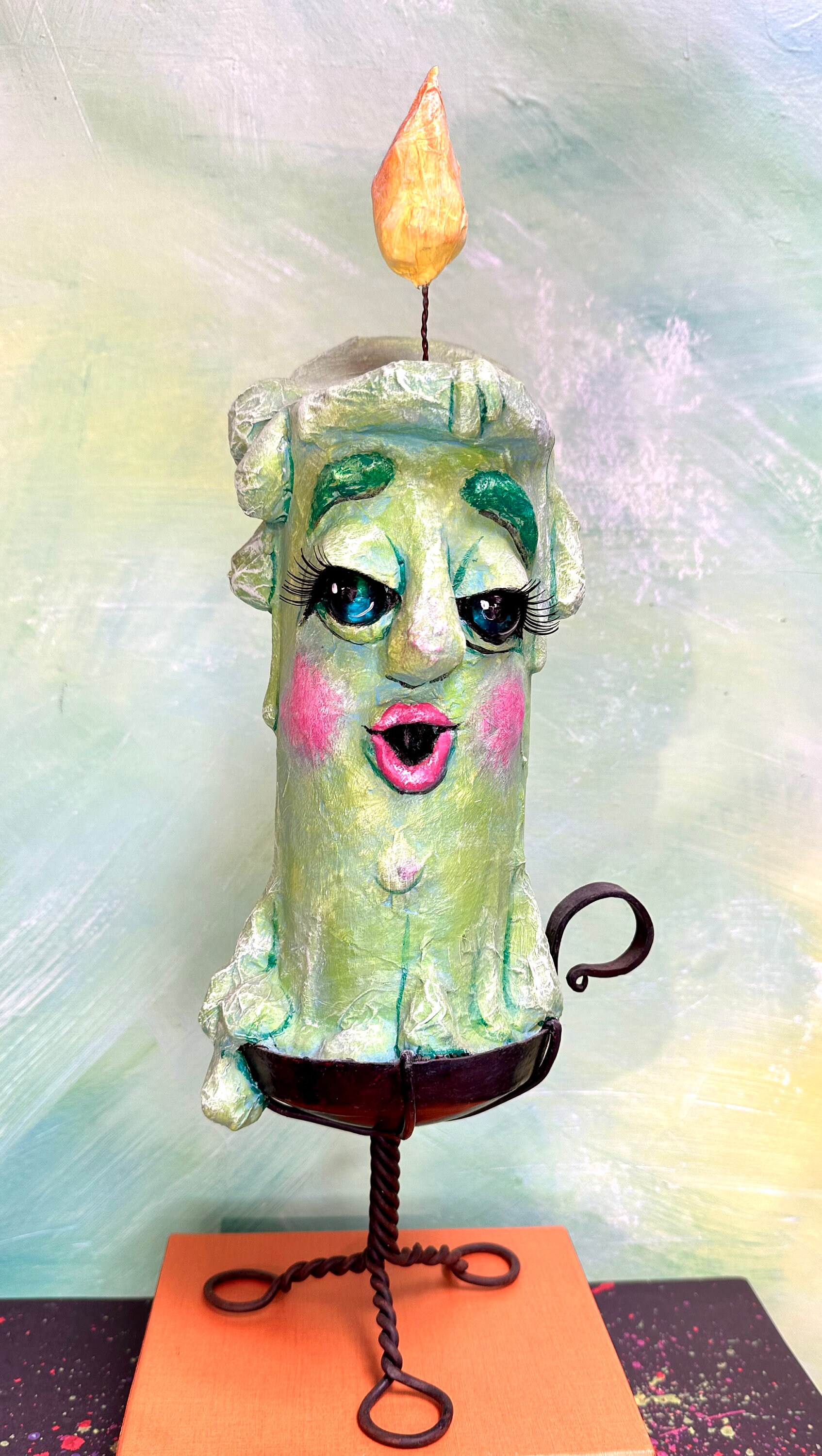 15 Green Singing Candle in an Iron Candle Holder, Paper Mache. Etsy