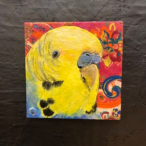 5&quot;x5&quot;x1/2&quot; Daily Painting Blue and Yellow parakeet painted on handmade paper.
