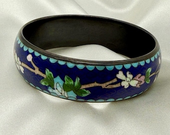 VNTG Chinese Cloisonné Bangle Bracelet Wide Multi-Color Floral Blue Green Boho